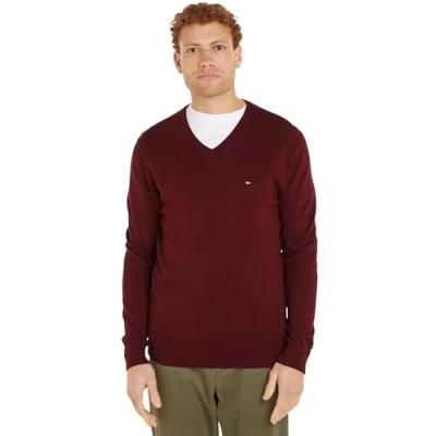 Afbeelding van Tommy Hilfiger Heren Essential Katoen V hals MW0MW14745, Pullover Sweater, Paars, S, Paars (Deep Rouge), S