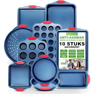 Afbeelding van NutriChef, Bakvorm set , 10 delige Antiaanbak Bakvormenset Premium Koolstofstaal Bakvormen met Siliconen Handgrepen Inclusief Pizzablad,12 en 24 cup Muffinvormen,Bakplaten,Ronde/Vierkante Vormen,Broodvorm Blauw