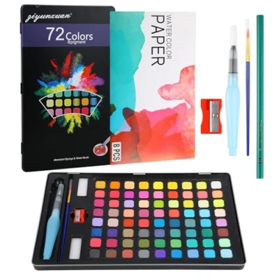 Afbeelding van CRESZZLE Aquarelverfset 72 kleuren waterverfset met kwast, watertankkwast, aquareldoos, tekenstift, aquarelpapier, spons &amp; puntenslijper, waterverf voor kinderen en kunstenaars.