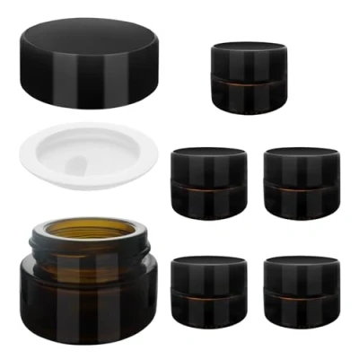 Afbeelding van CHMYY 6 Pack 5 ml bruin glas cosmetische getinte potten, lege Amber glazen navulbare gezicht crème pot met schroef op deksels en witte voeringen voor crèmes, lotions etherische oliën, BRON, 6Pcs 5ml