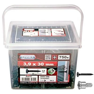Afbeelding van Connex Gipsplaten schroeven 3,9 x 30 mm 750 stuks met fijne draad trompetkop PH Phillips aandrijving Zwart gefosfateerd Incl. dieptestop/gipsplaten schroeven/schroevenemmer / B30123