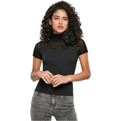 Afbeelding van Urban Classics Ladies Flock LACE Turtleneck TEE Tshirt print, Dames, Maat: Large, Black