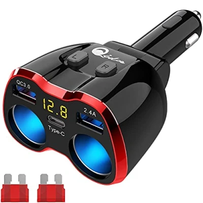 Afbeelding van QC 3.0 USB Sigarettenaansteker Splitter: Qidoe Sigarettenaanstekeradapter Dual Stopcontact 12V 24V 80W C Autolader Adapter met Schakelaar 3 poorten Voor Mobiele Telefoon GPS Dashcam Koelbox