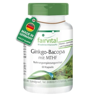 Afbeelding van Fairvital Ginkgo Bacopa met MTHF 60 capsules Biloba, Monnieri en methylfolaat (bioactief foliumzuur) getest op kwaliteit hoge dosering 100% veganistisch Made in
