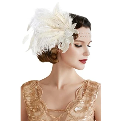 Afbeelding van BABEYOND Hoofdband met veer voor dames, jaren 20 stijl, Charleston haarband, Great Gatsby, accessoire carnavalskostuum, wit
