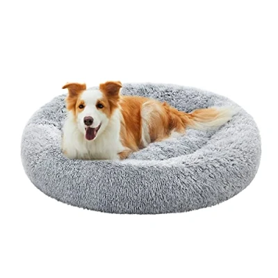 Afbeelding van Feandrea donzig hondenbed, kattenmand, donutkussen, wasbaar, uitneembare middenvulling, lang pluche, 100 cm diameter, ombre grijs PGW042G01