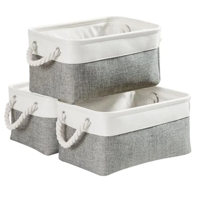 Afbeelding van Mangata Kleine opbergdoos, set van 3, opvouwbare stoffen opbergmanden met handgrepen voor kasten, kledingkast, planken, kleding, speelgoed, handdoek, badkamer (canvas, grijs wit)