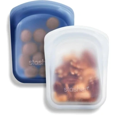 Afbeelding van Stasher Premium herbruikbare voedselopslag, 2 stuks, helder en diep oceaan, multifunctionele lunchtas, reiscontainers, BPA vrij, lekvrij, vaatwasmachinebestendig, 118 ml