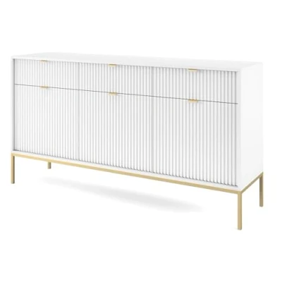 Afbeelding van Selsey Vellore driedeurs commode 154 cm wit met gecanneleerde fronten en goudkleurige omlijsting