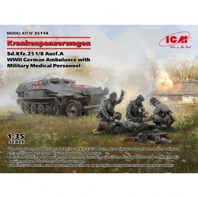 Afbeelding van 1:35 ICM 35114 ‘Krankenpanzerwagen’ Sd.Kfz.251/8 Ausf.A WWII Duits met Militair Medisch Personeel Plastic Modelbouwpakket