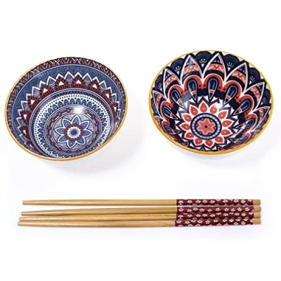 Afbeelding van lachineuse Set van 2 etnische Kommen ø 11 cm Rijstkommen, Oosterse soep, Poke Bowl &amp; Aperitief paar eetstokjes Japan Azië India Ramadan Aziatisch Afrikaans servies cadeau