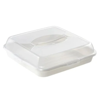 Afbeelding van KADAX Taartdoos met deksel, kunststof taarthouder, transportdoos handvat, doosvorm, voor tuiten, muffins, rechthoekig, voedseldoos (wit)