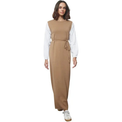 Afbeelding van Trendyol Beige Mouwen Geweven Stuk Gedetailleerde Taille Geknoopte Gebreide Jurk Tctaw25Eb00023