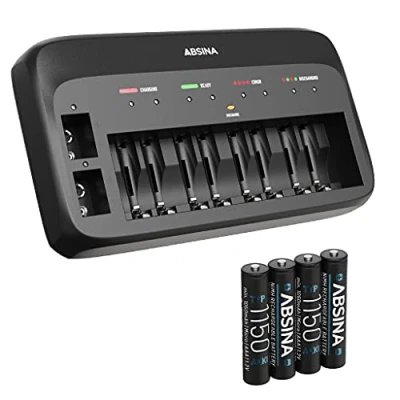 Afbeelding van ABSINA acculader X10 voor AA, AAA en 9V incl. 4 x 1150 batterijen NiMH oplader 10 voudig oplaadbare micro AAA, Mignon AA blokbatterijen batterijlader
