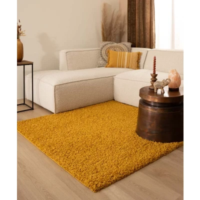 Afbeelding van Vierkant Hoogpolig Tapijt/Vloerkleed Shaggy Trend Effen Okergeel 140x140 Cm