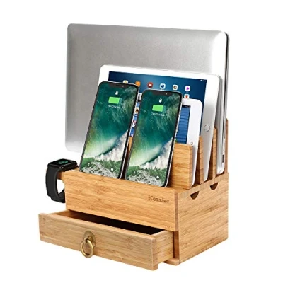 Afbeelding van iCozzier Afneembare bamboe standaard met lade voor meerdere apparaten en kabelorganizer