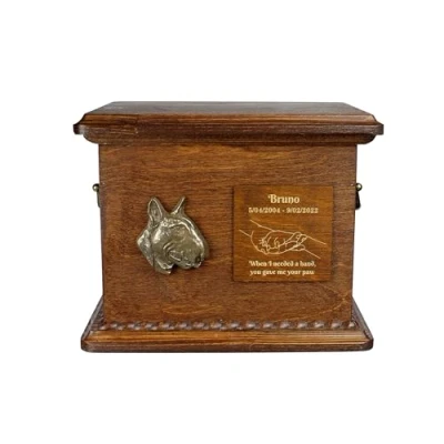 Afbeelding van Art Dog Urn voor hondenas Handgemaakt gedenkteken met reliëf, gepersonaliseerde gravure en koudgegoten bronzen buste 8,3x11,4x8,7 Bullterriër