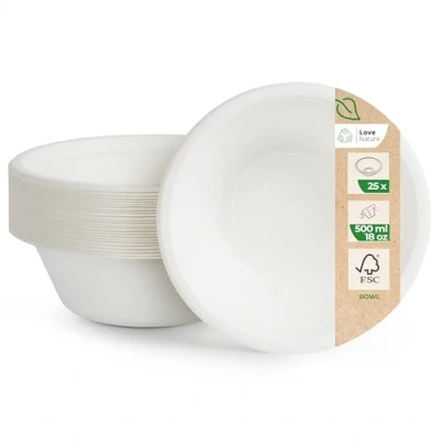 Afbeelding van Love Nature Wegwerpkom, suikerriet servies, 25 stuks, milieuvriendelijk, wegwerpkommen, 500 ml, biologisch afbreekbaar, robuust en