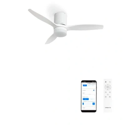 Afbeelding van CREATE Windcalm Line Plafondventilator met verlichting, wit horizontale lijnen, wifi en afstandsbediening, 40 W, Ø 132 cm, 6 snelheden, 3 lichttemperaturen, zomer wintermodus