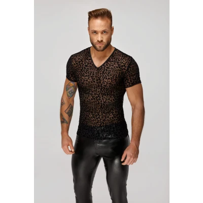 Afbeelding van Noir Handmade Leopard Flock V Neck Top L Zwart