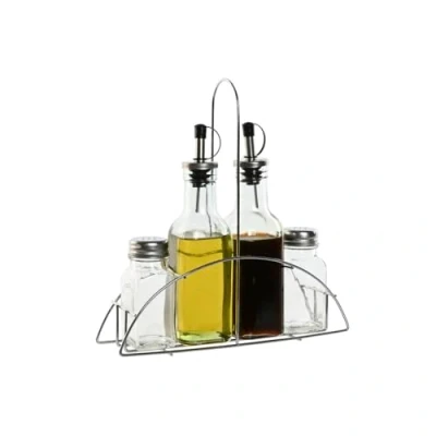 Afbeelding van Items Azijn/Olie flessen tafelset met peper/zout vaatjes glas/metaal transparant Olie en azijnstellen