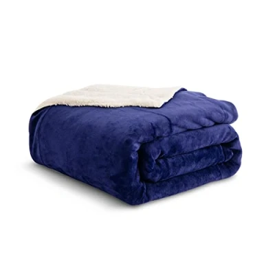 Afbeelding van Kono Sherpa en fleece deken, 130 x 150 cm, zachte, gezellige pluizige omkeerbare effen microvezeldeken voor bedbank (marineblauw, reizen/eenpersoons)