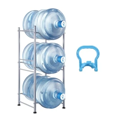 Afbeelding van VEVOR Waterkruikhouder met 3 niveaus, 5 gallon waterfleshouder, enkele rij waterfles rek voor flessen, zwaar belastbaar waterkruikrek keuken, kantoor, woonkamer, zilver