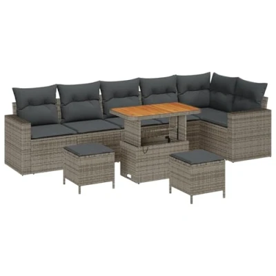 Afbeelding van vidaXL 9 delige Tuin Sofa Set met Kussens Grijs Poly Riet Acacia