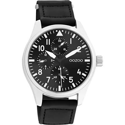 Afbeelding van Oozoo Herenhorloge met afgenaaid nylon klittenband armband 42 mm diameter chrono look wijzerplaat, zilver/zwart/zwart