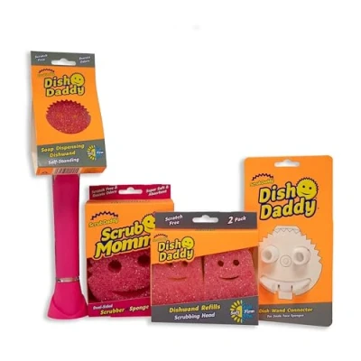 Afbeelding van Scrub Daddy Afwasborstel met Zeep Houder, Navulkoppen, Mommy Spons en Connectorkop, Textuurveranderende Afwasspons Vloeibare Handgreep, Ingebouwde Schraper Roze