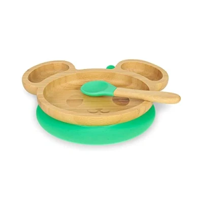 Afbeelding van BIOZOYG Bamboe Bord Set Muis I Zuignap Plaat met Lepel FSC Gecertificeerd Leuke Houten Kom Peuter Kinderen &amp; Snack Bowl Baby Servies Groen