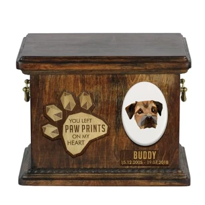 Afbeelding van Art Dog Pet Memorial Urn Handgemaakt koud gegoten bronzen portret op berkenbasis Gepersonaliseerde hondencrematiedoos 8,3x11,4x8,7 Border Terriër