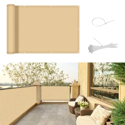 Afbeelding van SUNNY GUARD Balkonscherm, inkijkbescherming, 75 x 600 cm, balkonafdekking, PES UV bescherming, weerbestendig, met kabelbinders, Zand