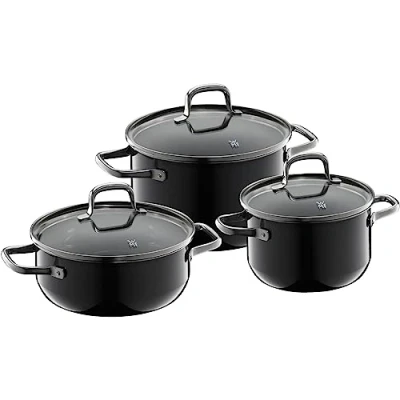 Afbeelding van WMF Fusiontec Essential Pannenset, inductie, 3 delig, kookpannenset met glazen deksel, inductiepannenset, high tech keramiek, krasbestendig, ongecoat, zwart