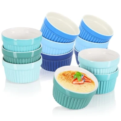 Afbeelding van COM FOUR® 12x soufflévormen creme brulee kleine keramische kommen ovenvaste vormen dessertkommen en gebakjevormen voor bijv. Ragoutvin elk 200 ml in verschillende tinten groen blauw