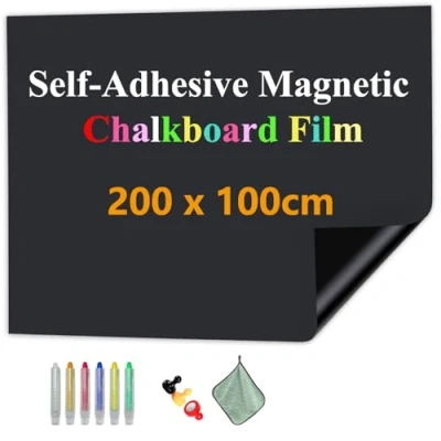 Afbeelding van JOMUSAGA Magnetisch Schoolbordpapier, Zelfklevende Zwartbordvellen van 200x100cm, Zwartbordfilm om aan de muur te plakken voor School/Thuis/Kantoor, Inclusief Droge Wispennen, Wisser, Magneten