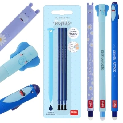 Afbeelding van LEGAMI Set van 3 uitwisbare gelpennen + blauwe vullingen, met thermogevoelige wisinkt, 0,7 mm tip, haai, olifant en nijlpaard ontwerp