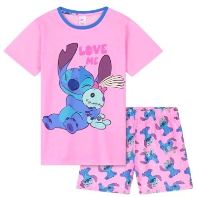 Afbeelding van Disney Stitch Shorts pyjama voor meisjes, zacht, ademend, loungewear set, Roze/Blauw, 11 12 Jaren