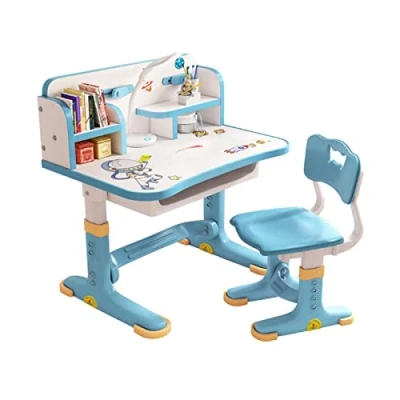 Afbeelding van Kindertafelstoelset, in hoogte verstelbaar, bureau voor kinderen, meisjes en jongens, karikatuur kinderbureau, kinderbureau met stoel lade (blauw)