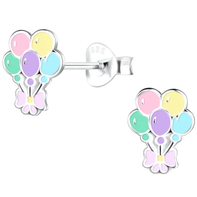 Afbeelding van JoyS Zilveren ballon oorbellen pastel kleurtjes lila strikje 7 x 9 mm feest oorknoppen kinderoorbellen
