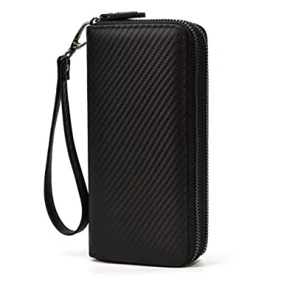 Afbeelding van Heren Lederen Clutch Tas Dubbele Rits Portemonnee 4 Tussenlaag Rondom (Black)