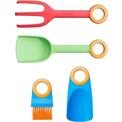 Afbeelding van Fiskars Handgereedschap set voor kinderen, bloemenschep, plantvork, borstel en plantschepje zonder steel, 4 in 1 set, glasvezelversterkt kunststof, groen/rood/blauw/oranje, MyFirst Fiskars, 1062472