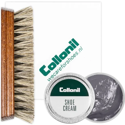 Afbeelding van Collonil Schoenpoets set 3 delig Shoe cream Poetsdoek Borstel Middel grijs