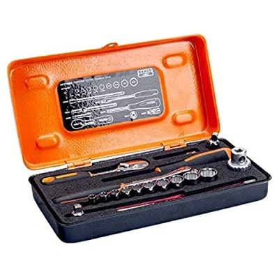Afbeelding van Bahco Doppenset 1/4&quot; peervormige ratel twaalfkant inch maten 18 delig metalen koffer A6718DZ