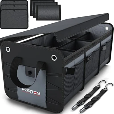 Afbeelding van Auto Organizer, SUV Kofferbak Achterbak Opvouwbare Organizer met Vakken, Antislip Bodem, Verstelbare Bevestigingsriempjes, Opvouwbaar Deksel (3 Compartimenten, Grijs)