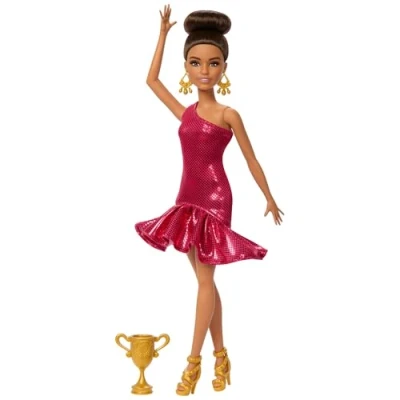 Afbeelding van Barbie Ballroomdanser, modepop in rode jurk met ruches, dansschoenen en stijlvol kapsel, danstrofee als accessoire, JFR09