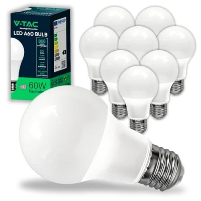 Afbeelding van V TAC 10 x ledlampen met E27 fitting, 8,5 W (komt overeen 60 W) A60 806 lumen, 4000 K, neutraal wit, opening van de lichtstraal 200 graden, maximale efficiëntie en energiebesparing