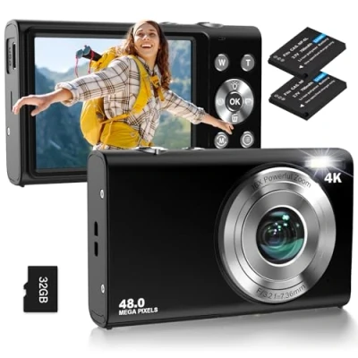 Afbeelding van digitale camera, 4K autofocus fototoestel fotocamera met 32G SD kaart HD 48MP 2,8 inch groot scherm, 16 x zoom, compacte draagbare mini camera voor volwassenen, beginners (zwart)