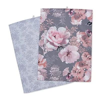 Afbeelding van Catherine Lansfield Dining Dramatic Bloemen Katoen 50x70 cm Theedoeken Paar Grijs