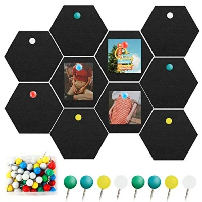Afbeelding van SUPRBIRD 10 Stuks Vilten Memoborden Set Hexagonaal, Prikbord met Pennen en Tape, voor Kinderkamer Kantoor 15x17,7x1,5cm Zwart